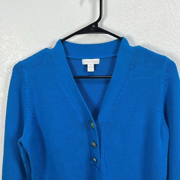 Charter Club Women’s Cotton Blend Henley Imperial Blue Sweater Top Gold Pullover - Picture 7 of 9